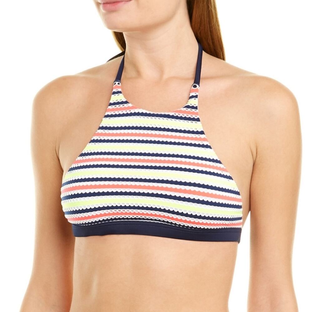 Milly Cabana High Neck Halter Neon Stripe Eyelet Bikini Top size Medium